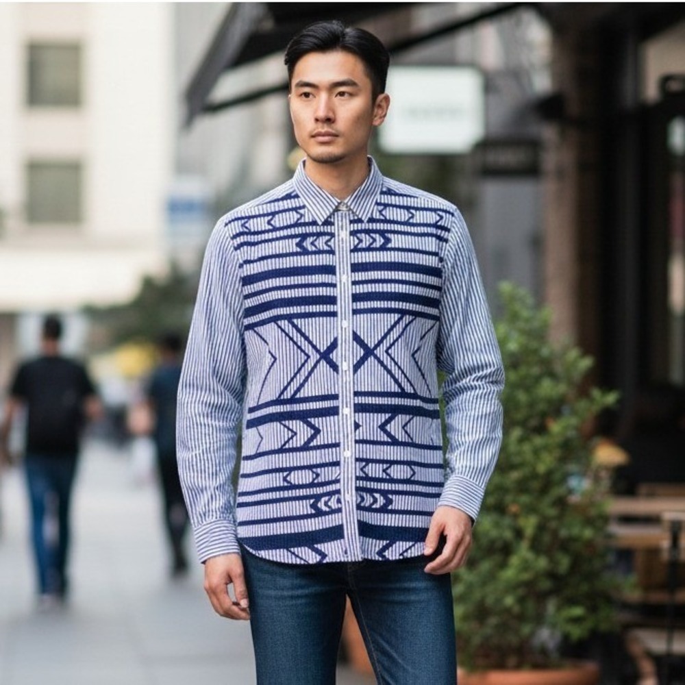 Stylus Blue Striped Geometric Button Up Mens Large Long Sleeve Cotton Shirt